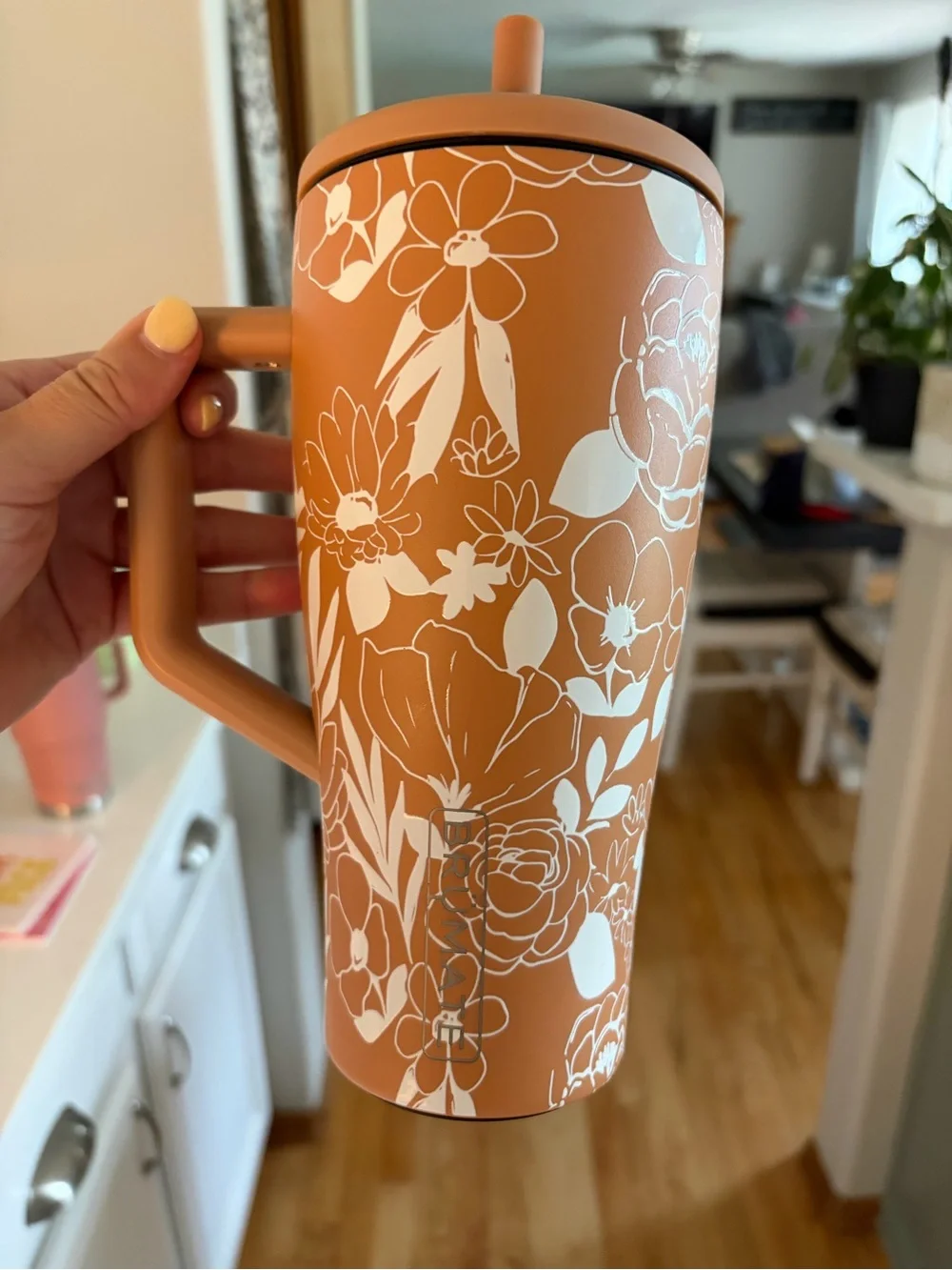 Rust Floral Insulated Travel Mug with Handle - White Print